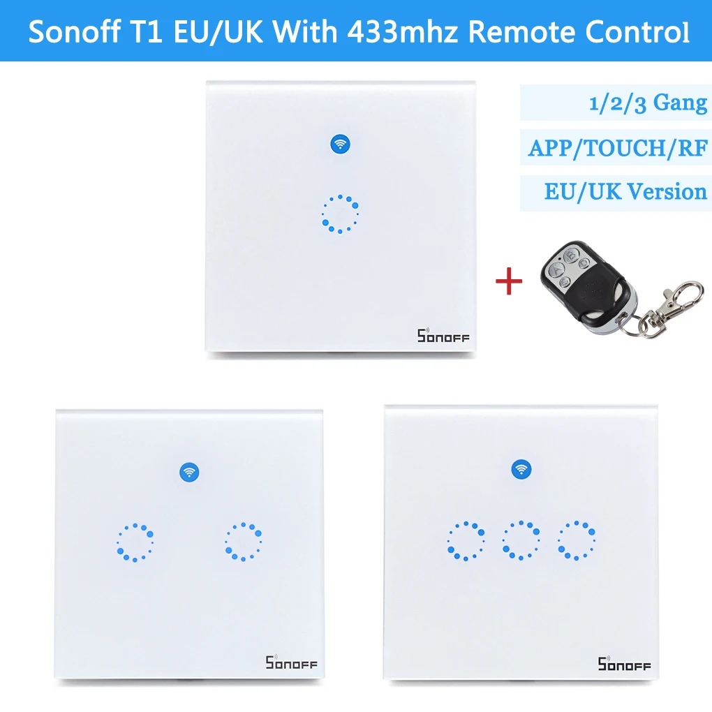 

T1 UK/EU Smart WiFi RF APP Touch Control Wall Light Switch 86 Type 1-3 gang Panel +433MHZ RF Key Smart Home work with Alexa