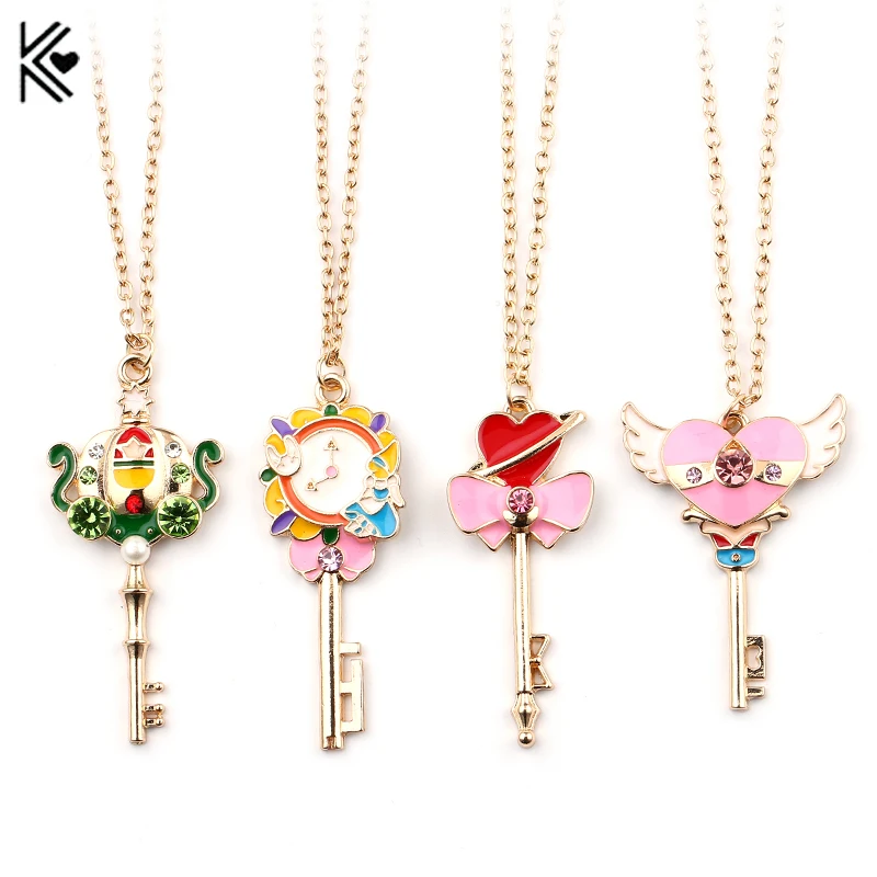 

Pink Heart Key Shape Sailor Moon Necklace Anime Jewelry For Women Girl Sailormoon Cosplay Accessories Figure Pendant Toy Gift