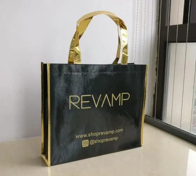 

New Arrival 700pcs/lot Custom Luxury Black Metallic Non Woven Boutique Shopping Bags with Your Logo Printed