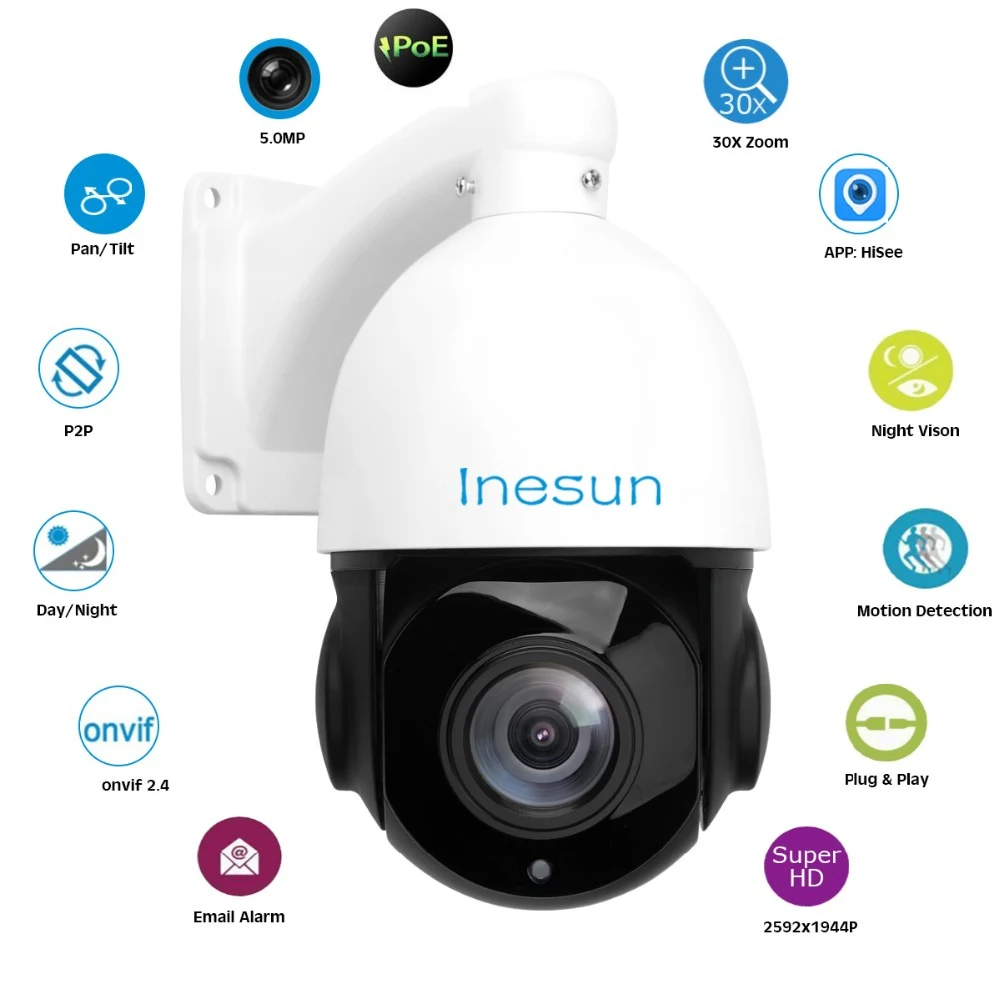 Inesun 4 дюймовая PoE PTZ IP камера 5MP супер HD 2592x1944 30x оптический зум наружная