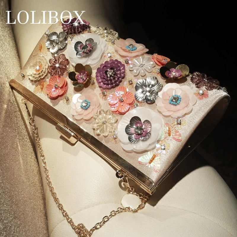 

LOLIBOX Clutches Women Embroidery Sequined Diamond Flower Ladies Evening Clutch Bags Day Clutches Purses Small Chain Party Bag