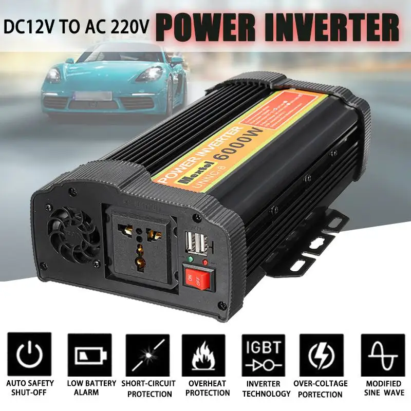 US $122.81 Inverter 6000w 12 V To Ac 220 Volt Lcd Digital Max 12000 Watt Modified Sine Wave Converter Car Charge Converter Transformer Usb