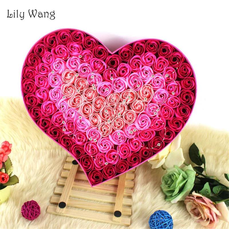 

100Pcs/Lot Artificial Flowers High Quality Heart Scented Petal Rose Soap Flower Heads Wedding Decor Gift Box With Beads