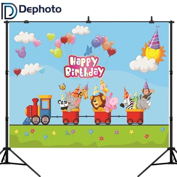 

Dephoto Balloons Train Animal Happy Birthday Baby Photography Backgrounds Customized Photographic Backdrops For Photo Studio