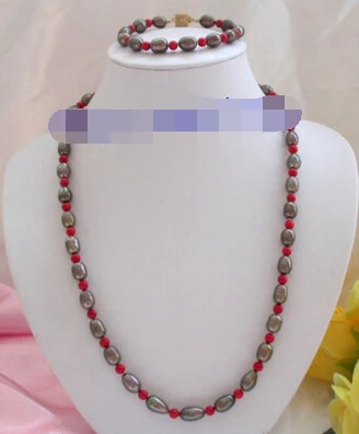 

Miss charm Jew.595 stunning 11mm black rice freshwater pearls red coral necklace&bracelet set (A0513)