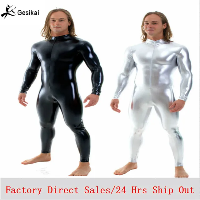Buy Free Shipping Men Shiny Muscle Unitards Stretch Front Zipper Zentai