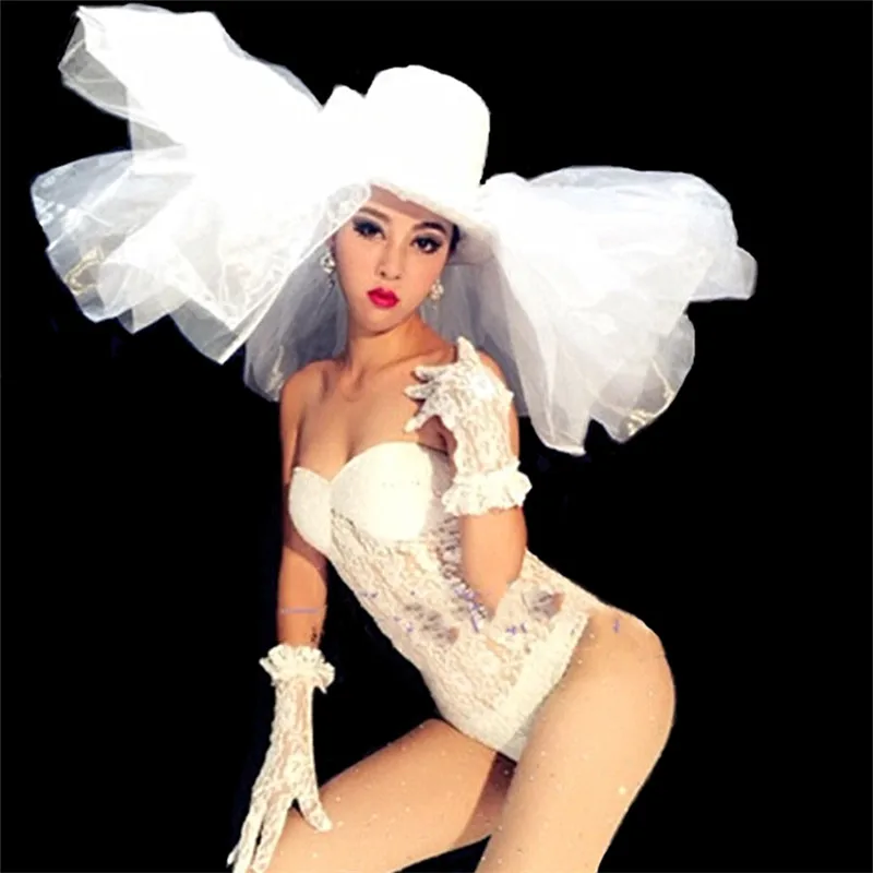

(Bodysuit+Hat+Gloves) White Red Lace Jumpsuits Sexy Nightclub DJ Dance Teams Costume Bar Party Outfits Jazz Modern Dance Clothes