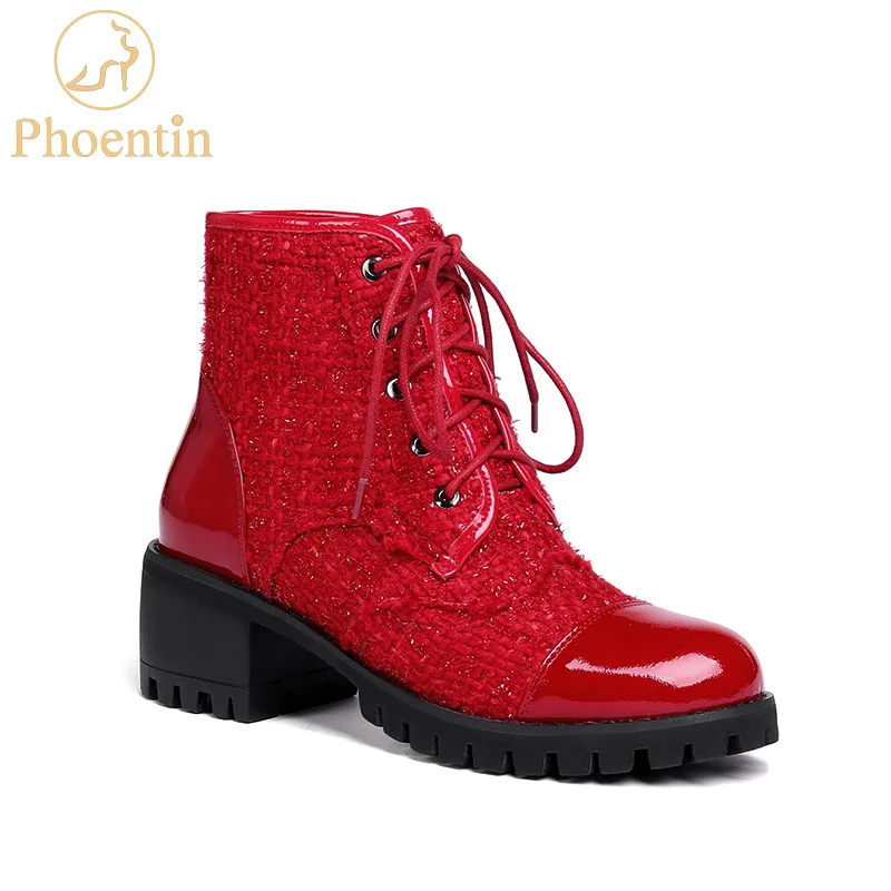

Phoentin red martin boots women platform 2018 patchwork nature leather lace-up cross-tied ankle boots girls riding shoes FT549