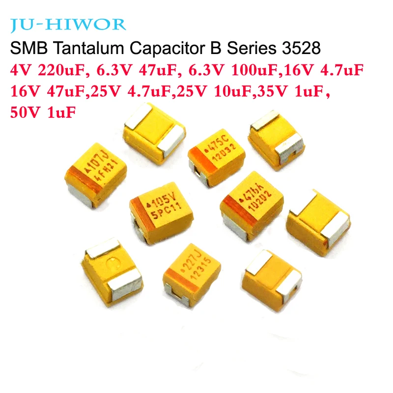10 шт. SMB танталовый конденсатор с алюминиевой крышкой серии B 3528(4В 220 мкФ) 6,3 V(47 мкФ 100 мкФ) 16V(4,7 мкФ 47 мкФ), алюминиевая крышка, 25В(4,7 мкФ 10 мкФ)(35 в 1 мкФ)(с алюминиевой крышкой, 50В 1 мкФ