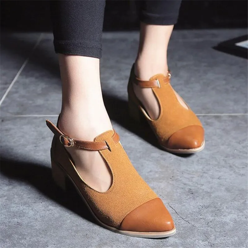 

2018 Vintage Oxford Shoes Women Pointed Toe Cut Out Med Heel Patchwork Buckle Ladies Shoes Flats