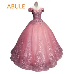 Abule бальное платье Розовый Пышное Платье с длинным Аппликации Цветы Кружева с короткими рукавами Vestidos De 15 Anos кружевное платье для