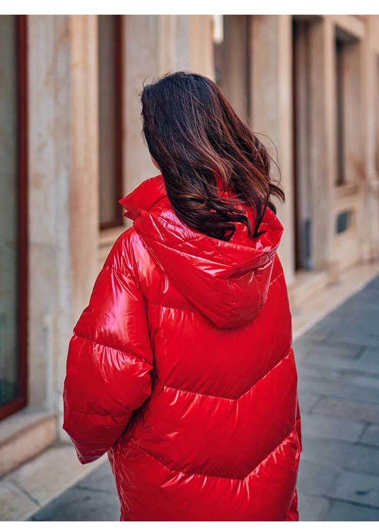 Брендовое женское утепленное пуховое пальто зима новая мода с капюшоном однотонная красная длинная куртка женская теплая верхняя одежда на утином пуху gx1641