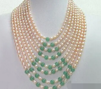 

Jewelr 005009 8 Rows Real Pink Pearl Green Jade 18KWGP Clasp Necklace