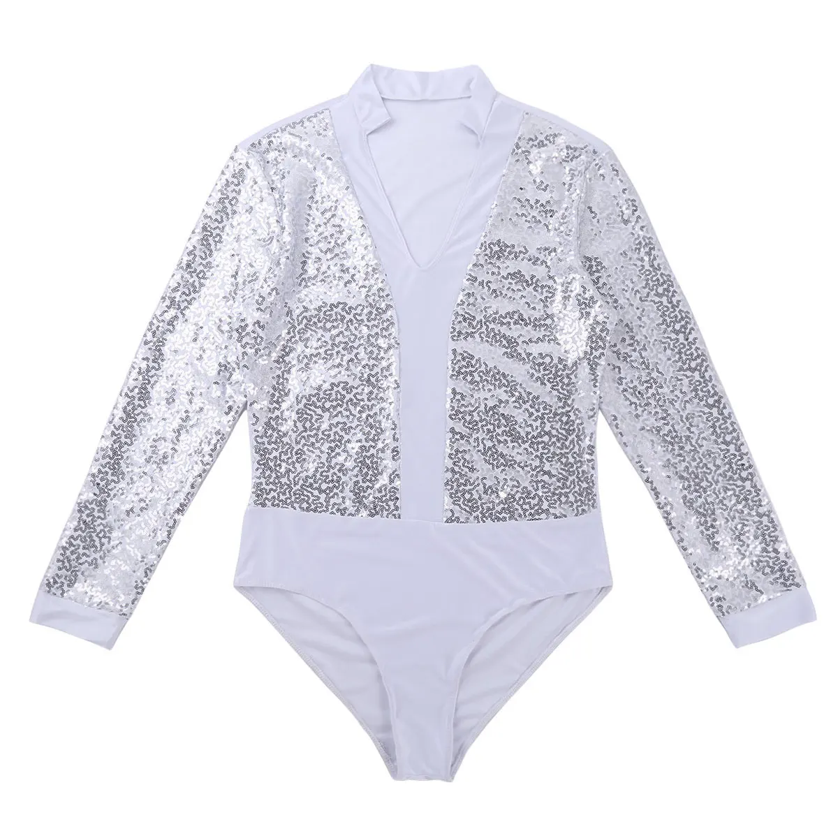 Men Leotard Ballet Bodysuit One piece Shiny Sequins V Neck Long Sleeves High Cut Dance Shirt Short Unitards Leotard Bodysuit