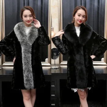 

S-6XL New Fashion Women's fur Coat High Imitation Mink Fur Coat with Fox Fur Collar Long Trench Coat Ladies Faux Fur Overcoat