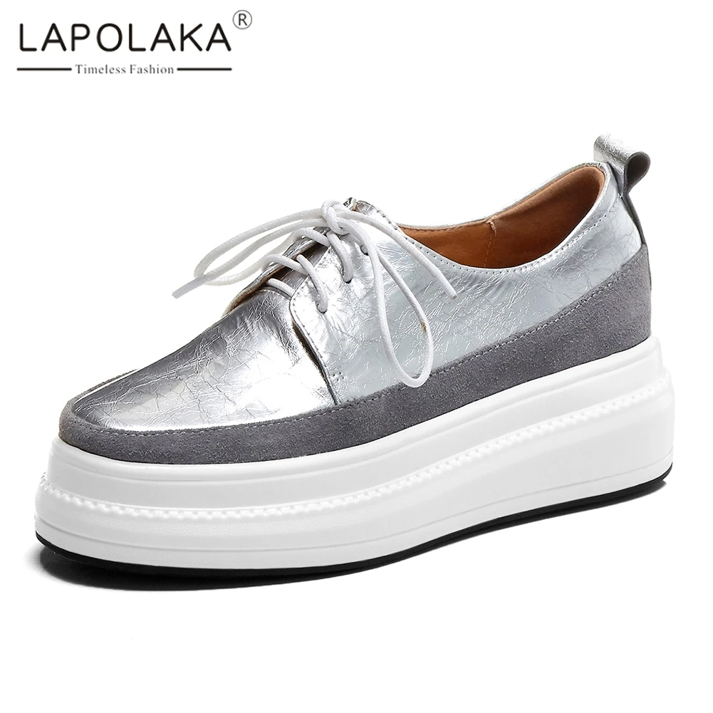 

Lapolaka Brand Design Genuine Cow Leather Flat Platform Shoes Woman Flats Lace Up 3 Colors INS Hot Flats Woman Shoes Footwear