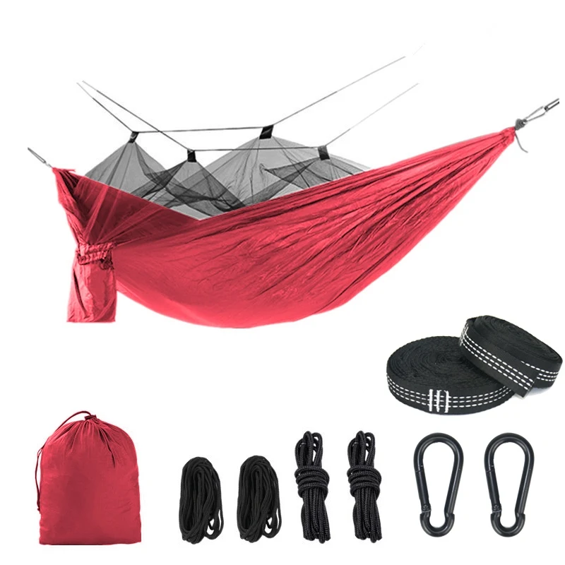 Single Person Portable Outdoor Camping Hammock With Mosquito Net 8pc accessories Adult Sleeping Bed Picnic Hanging Bed Hammock - Цвет: red