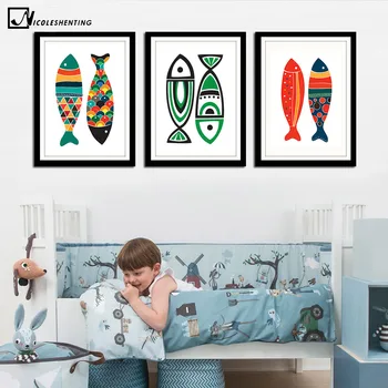

Nordic Art Colorful Fishes Canvas Poster Minimalism Painting Cartoon A4 Wall Picture Print Modern Home Dining Room Decoration