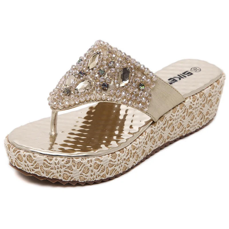 

2019 Woman Sandals Rhinestone Beads Slope Sandals Women's Shoes