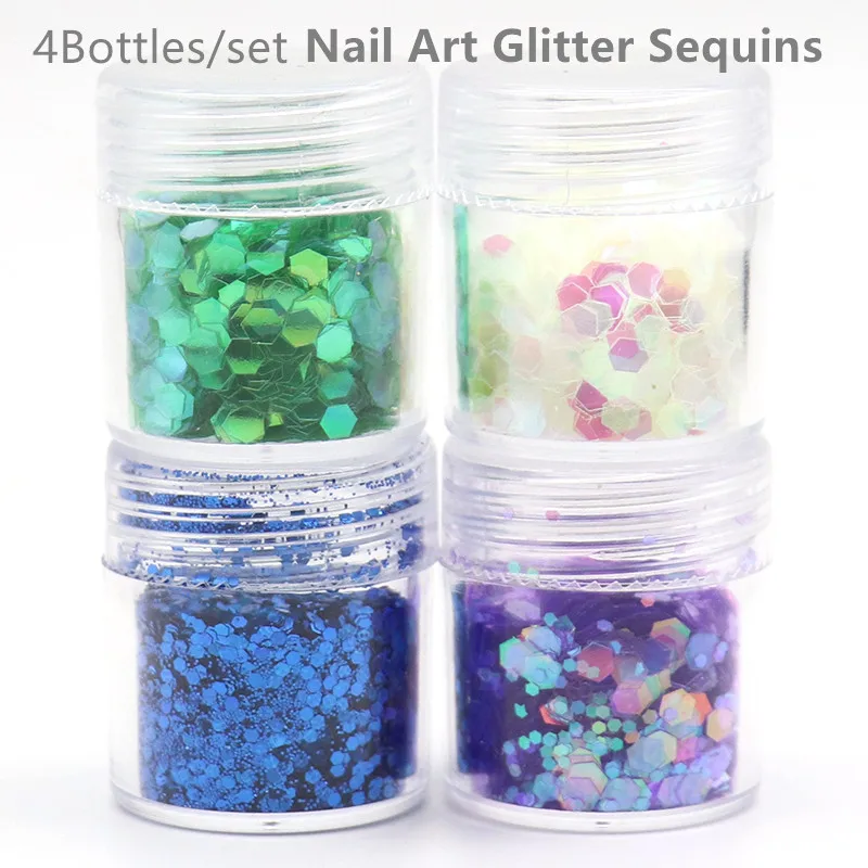 

4Bottles Nail Art Glitter Set Sequins Nail Decals Holographic hexagon Nail Glitters Colorful Tips Decor Manicure