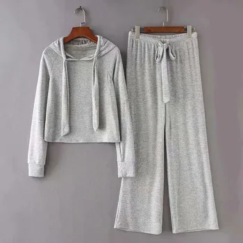 

Movement Comfortable Autumn New Korea Women's Clothing hooded solid full Hoodies Sweatshirt+loose wide leg pants two piece set