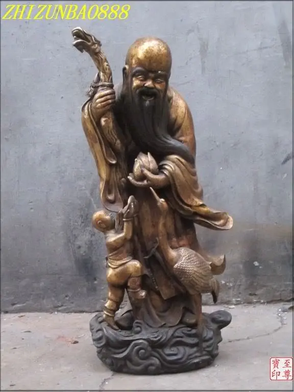 

CHINA Bronze gilded agerasia immortal god of longevity dragon crutch and crane