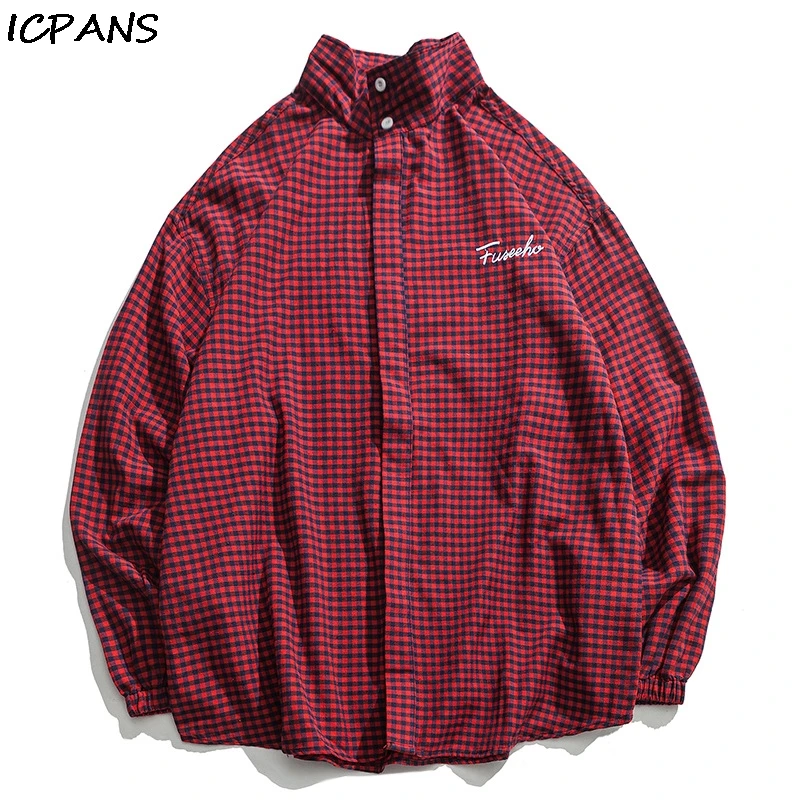 

ICPANS Plaid Casual Shirts Men Cotton Loose Hip Hop Streetwear Long Sleeve Shirts For Man Oversizes 2019 Spring Autumn Fashion