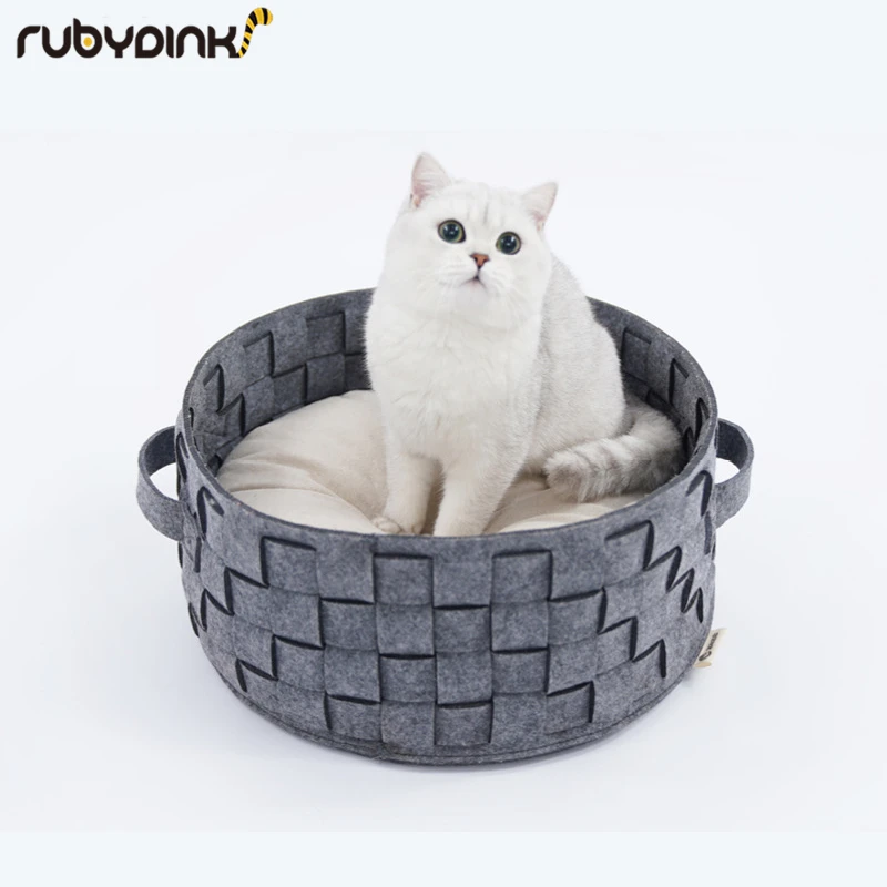 

Round Shape Pet Cat Beds House Felt Cloth Dog Sleeping Basket Bag Comfortable Breathable Pet House Kitten Puppy Nest With Mat