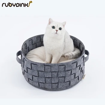 

Round Shape Pet Cat Beds House Felt Cloth Dog Sleeping Basket Bag Comfortable Breathable Pet House Kitten Puppy Nest With Mat