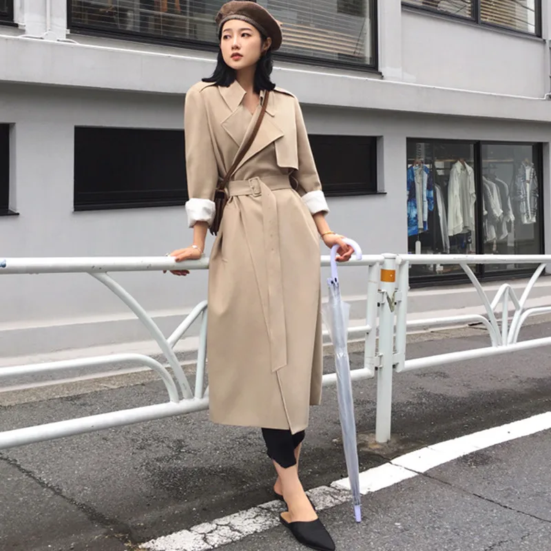

2019 fashion black Long Trench Coats Spring Autumn Over the knee Loose Tie Korean Chic Simple Thin Coat X778