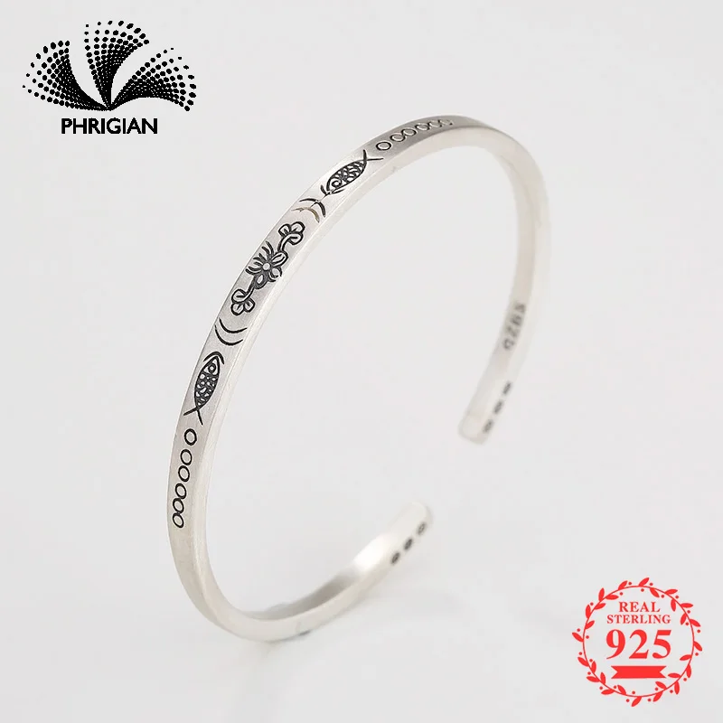 

S990 Fine Jewelry Bangle Solid sterling silver flea market open adjustable vintage retro luxury flower fish animal totem hot