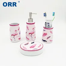 Bathroom set Flamingo accessories 4pcs Ceramic Free shipping toothbrush cup toilet brush soap dish dispenser ORR