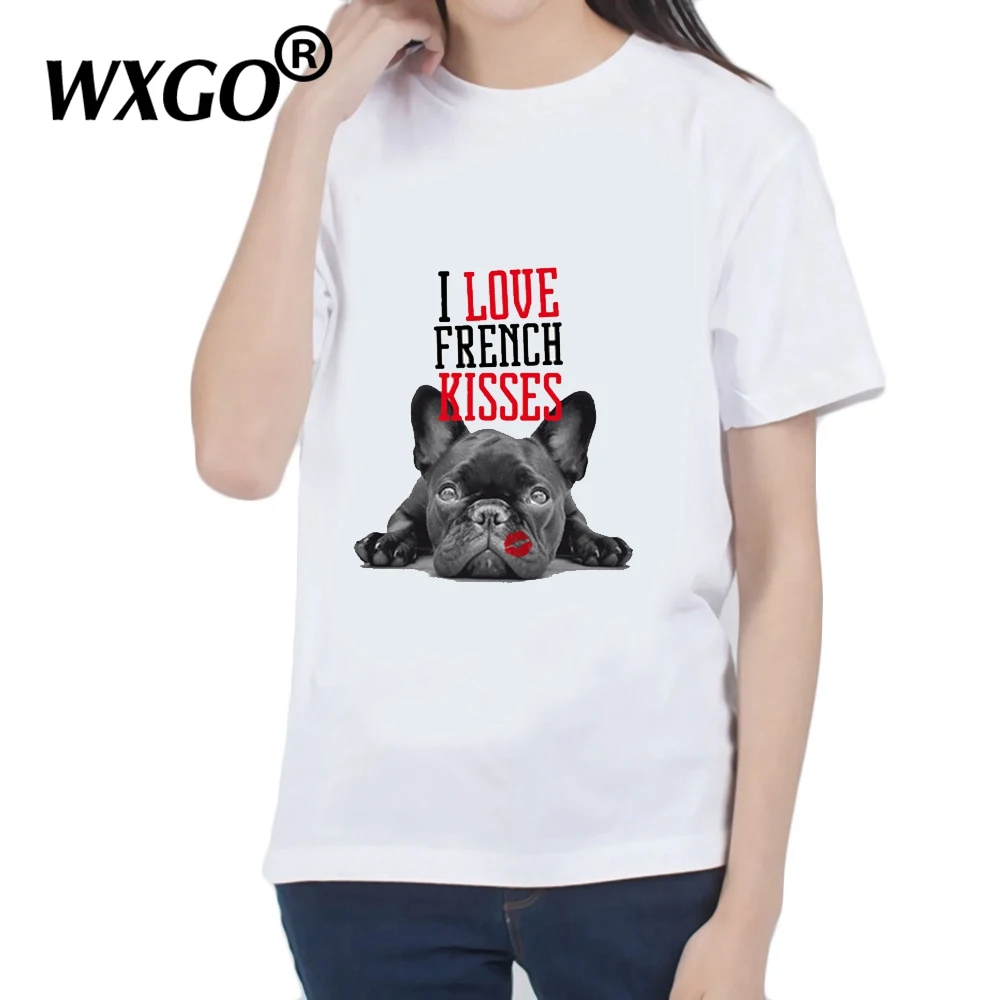

New French Bulldog Tshirt Women T Shirt Short Sleeve T-shirt O-Neck Tops Tees Funny Dog Cartoon Printed I Love French Kisses