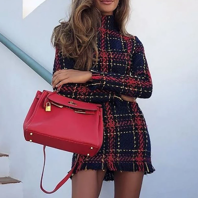 

Hot Fashion Winter Dress Women Plaid Printed Striped Long Sleeve Slim Skinny Sexy Mini Bodycon Vintage vestidos Dresses Woman