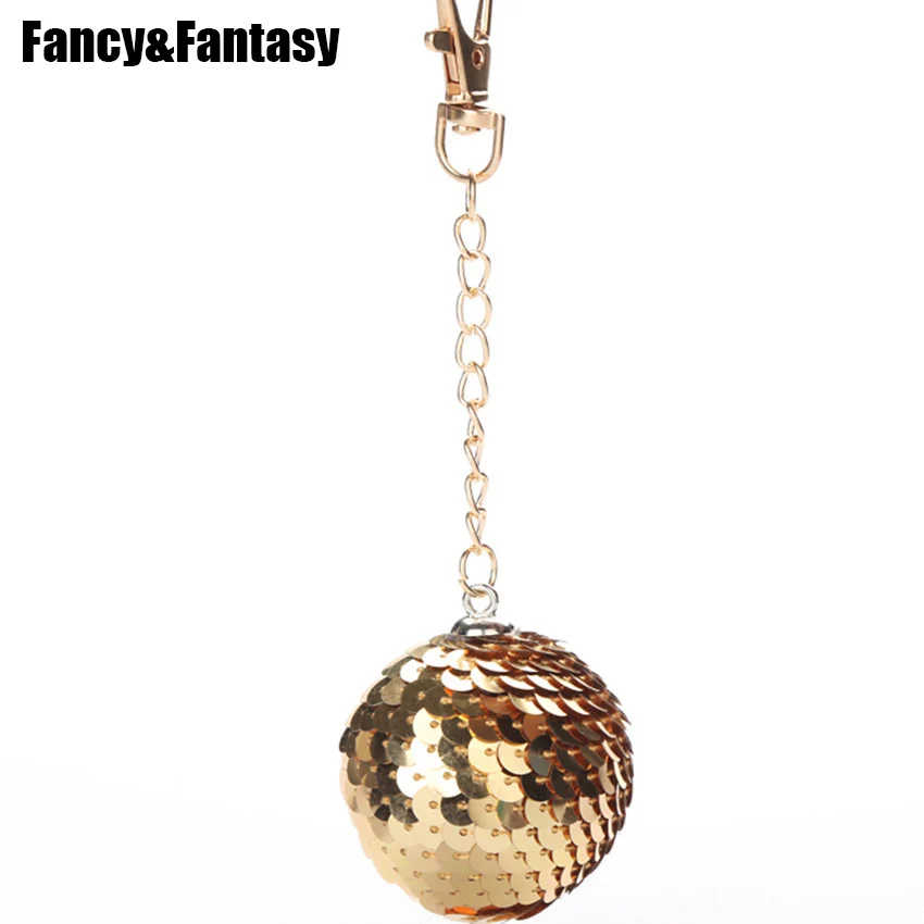 Gold Glitter Round Ball Keychain Stitch Sequins Key Chain Women Trinket Car Key Ring Holder Bag Charm Pendant Jewelry Llaveros