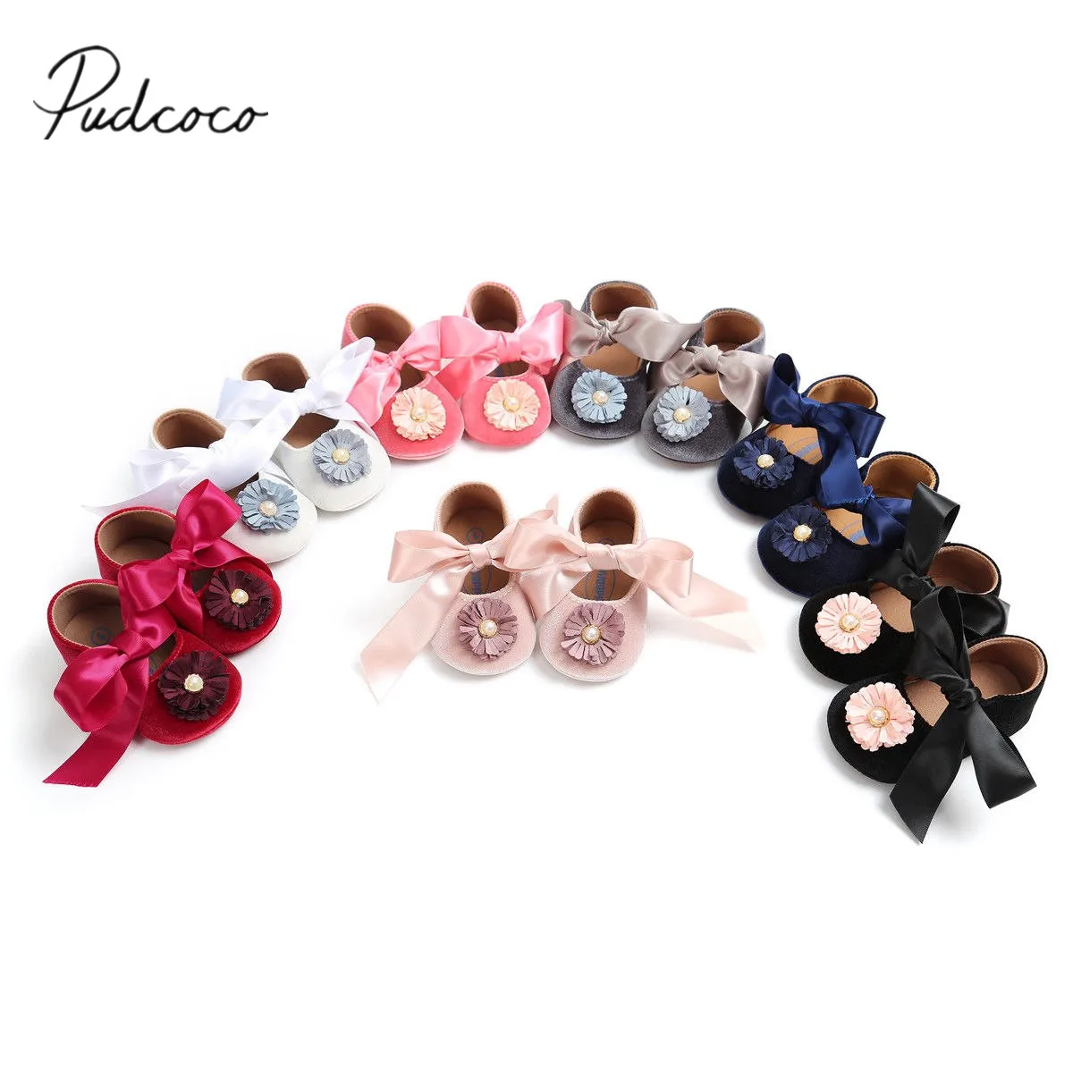 

2018 Brand New Infant Baby Girls Crib Shoes Bridesmaids Floral Bow Ribbon Party Shoes Lace Up Cotton Soft Baby First Walkers
