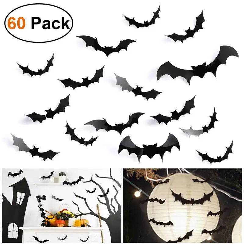 60pcs Removable 3D Bat Stickers Wall Window Stickers Halloween Bats