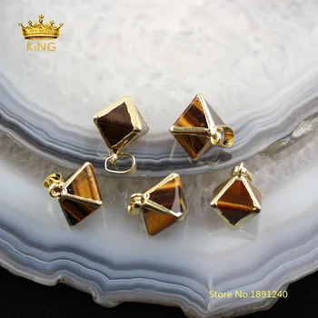 

10pcs Small Tiger Eye Charms Beading Necklace,Faceted Pyramid Double Cone Shape Natural Stone Plated Gold Bails Pendants HS13