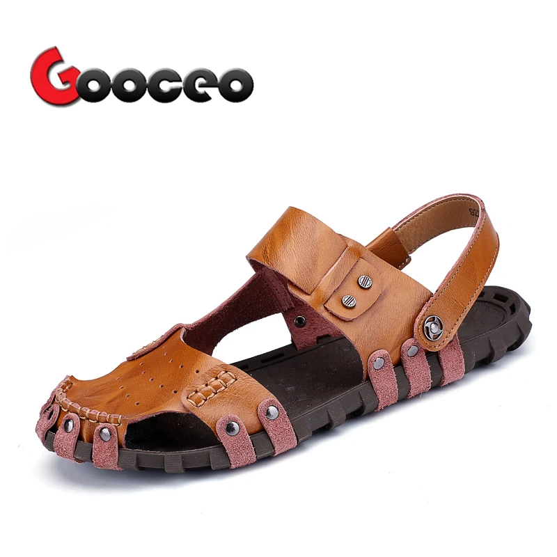 mens leather closed toe slides