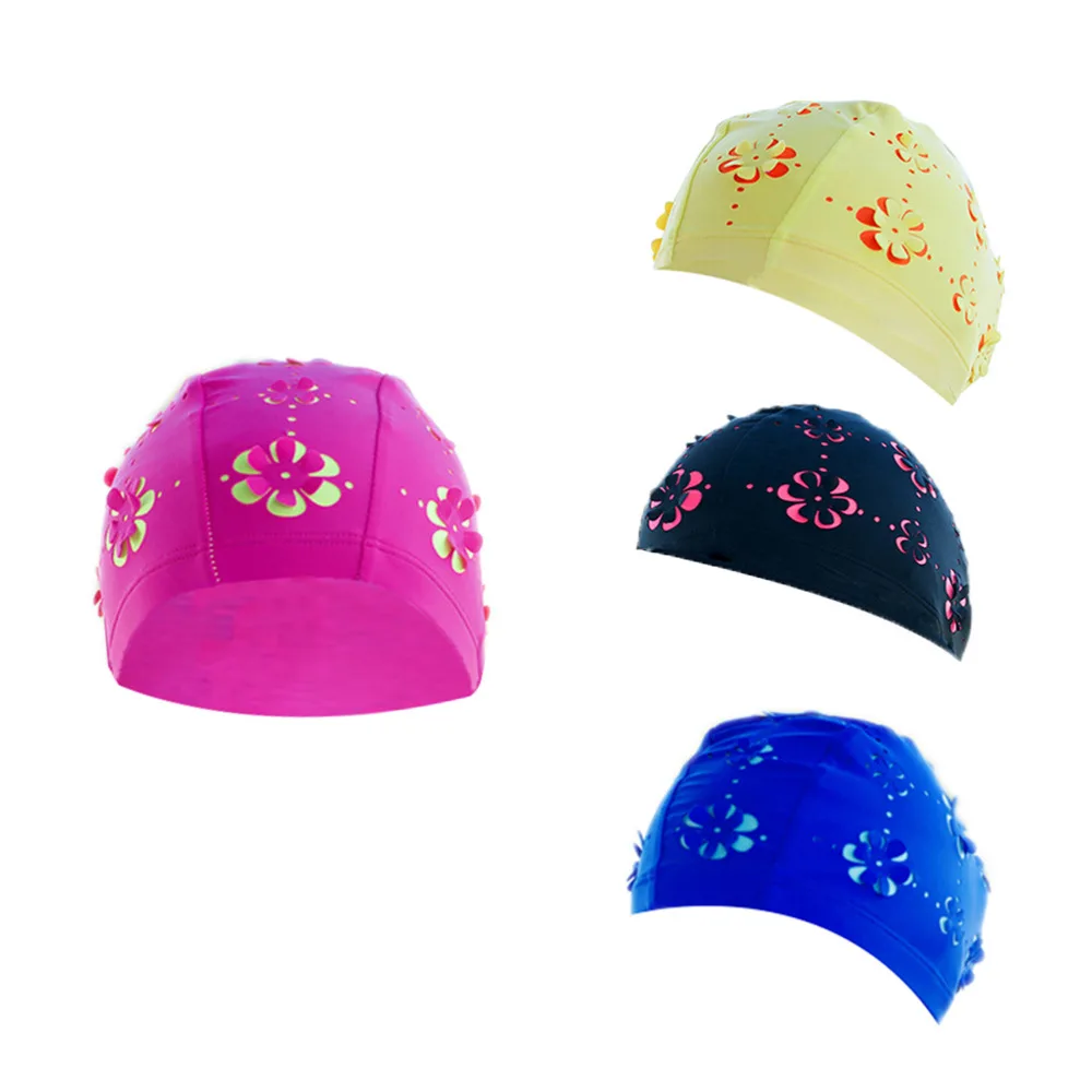 Flower Print Durable Swim Caps Waterproof Polyester Protect Ears Long