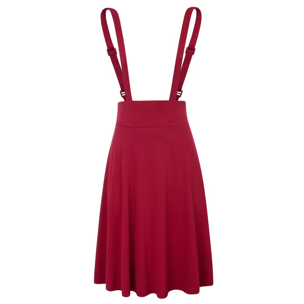 Dark Red Belle Poque черная/темно-красная женская винтажная Однотонная юбка с высокой талией на лямках, расклешенная трапециевидная юбка на подтяжках, юбка-сарафан - Цвет: Dark Red