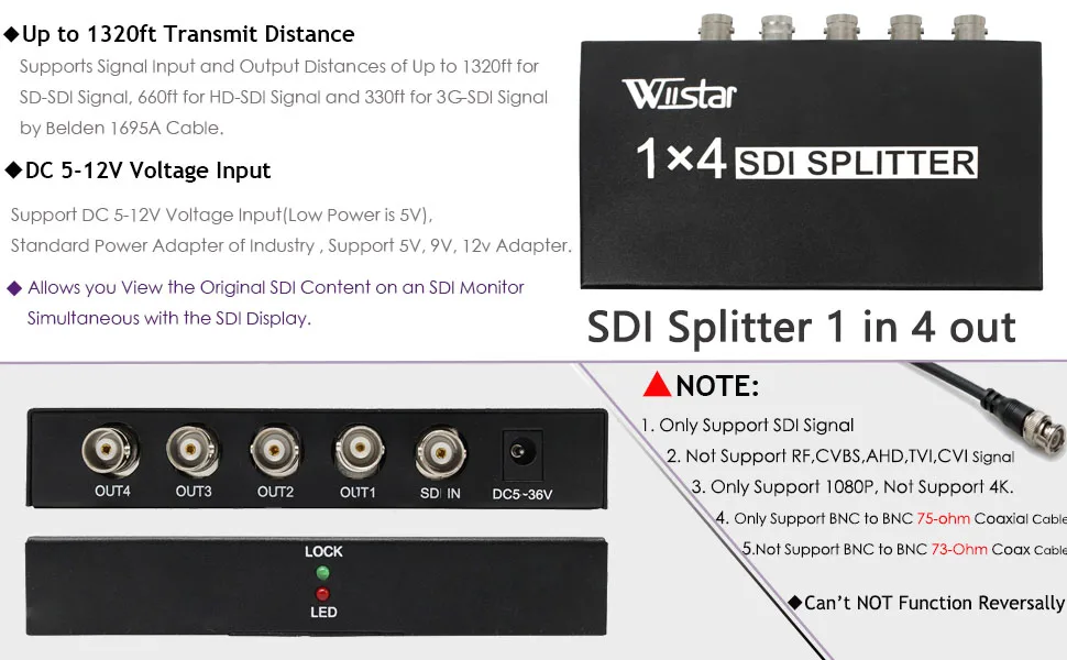 Wiistar SDI сплиттер 1 в 4 out SDI удлинитель конвертер 1x4 Поддержка 3g/SD/HD-SDI 1080P для видеомонитора