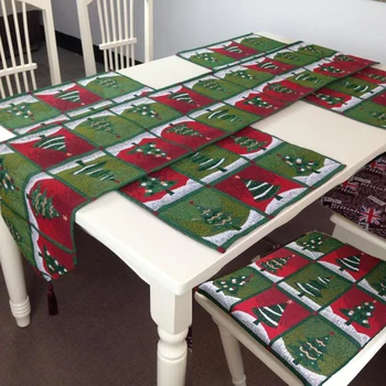 

Polyester And Cotton Table Runner Set Embroidered Six Christmas Trees Table Mat Removable Chair Cover Cushion Home Decoration