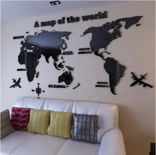 Карта мира 3D Хрустальные акриловые наклейки на стену для офиса гостиной диван фон домашний декор художественная настенная наклейка наклейки Рождественский подарок - Цвет: Черный