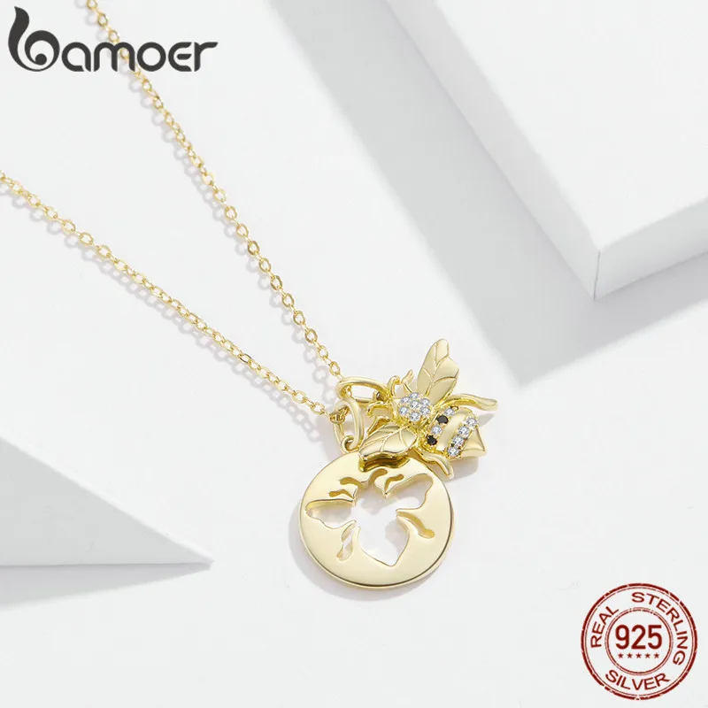 bamoer Queen Bee Gold Color Pendant Necklace for Women 925 Sterling Silver Chain Link Necklaces Korean Fashion Jewelry BSN080