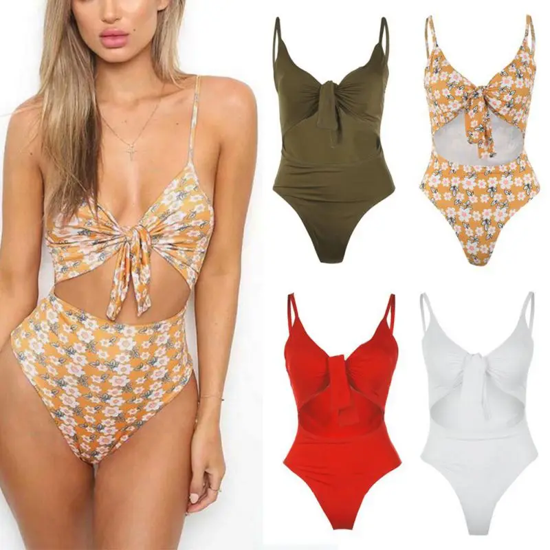 

2019 new one-piece bikini sexy tie knot print one-piece swimsuit plus chest pad female swimsuit one-piece bikini swimsuit female