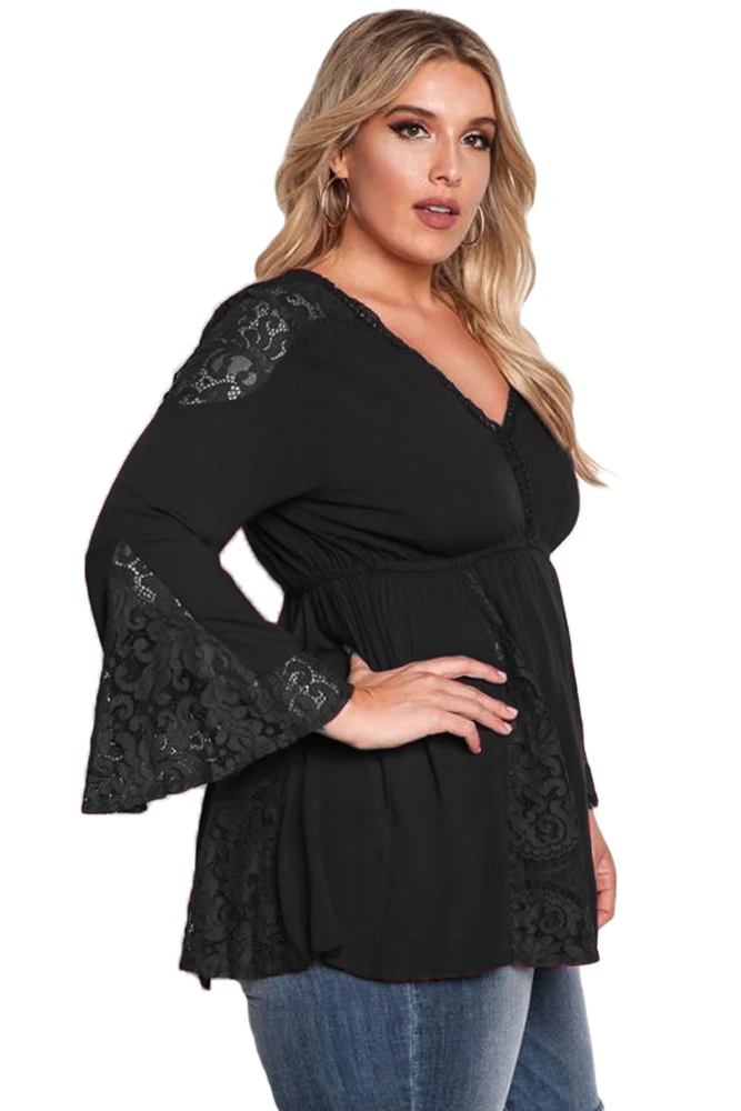 Black-V-Neck-Lace-Insert-Bell-Sleeves-Babydoll-Plus-Top-LC250871-2-3