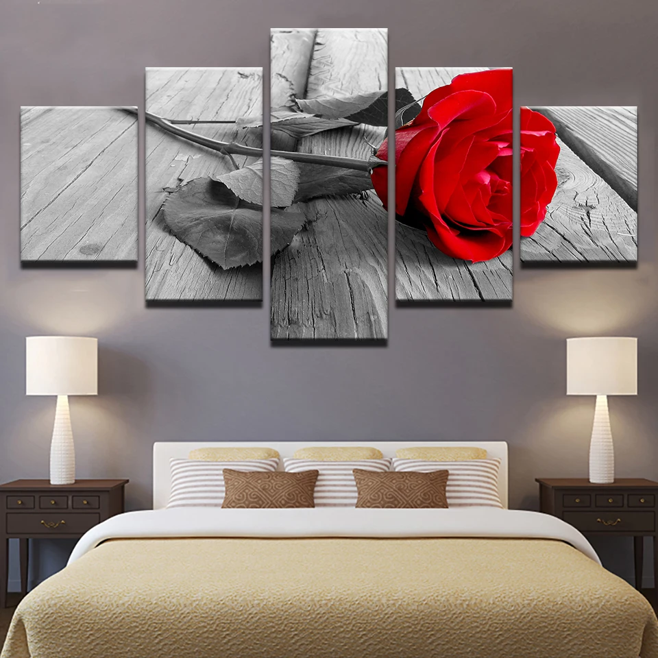 Hd Home Decoration Canvas Pictures Living Room Modern 5 Panel Red Rose Flow...