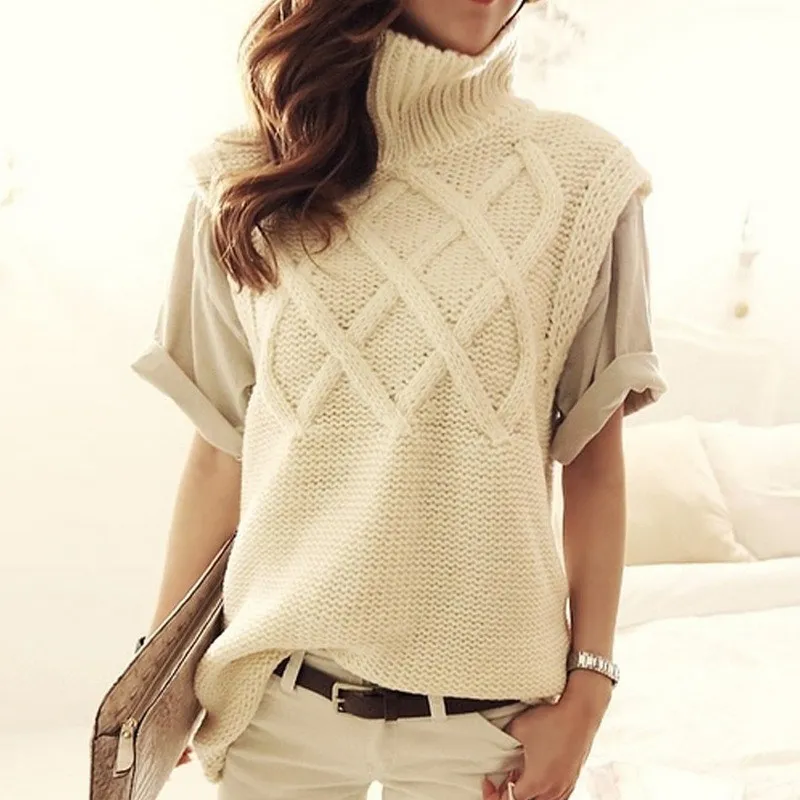 

Fashion 2018 Fall Winter Women Solid Turtleneck Thick Warm Knit Pullovers Sweaters Casual Female Sleeveless Vest Sweater
