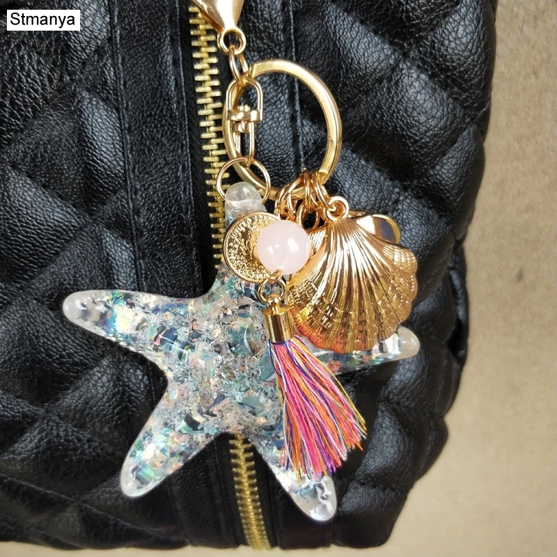 

New Fashion crystal Starfish Keychain Lovers seashells Metal Car Key Ring Pendants Bag Charm Accessories Best Gift jewelry K1607